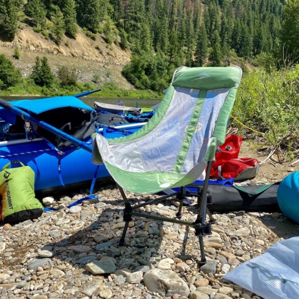This review photo shows the Cascade Mountain Tech Hammock Chair on a river bank camping area during the testing and review process.