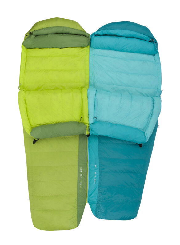 This photo shows the unisex Ascent sleeping bag zipped next to a the women's specific version.