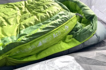 This photo shows the Sea to Summit Ascent Sleeping Bag inside a backpacking tent during the testing and review process.