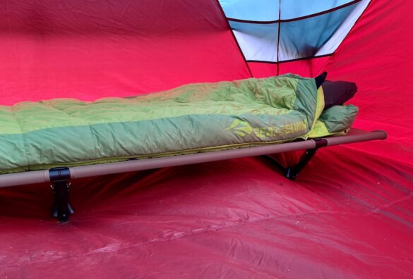 This photo shows the Helinox Cot One Convertible tested by the author in a camping tent during the review process.