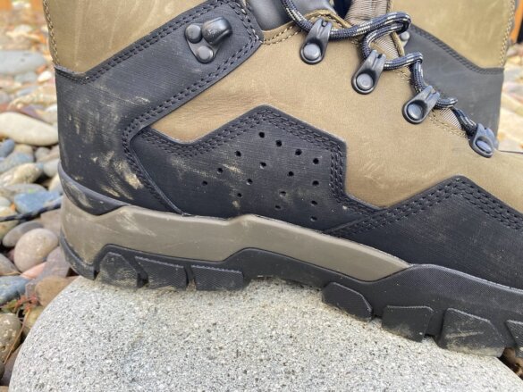 This review photo shows a closeup of the drain holes and side of the Bankside Wading Boots.