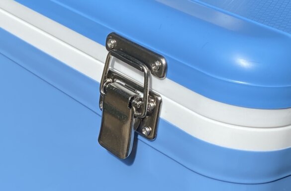 This review photo shows a close up of the stainless steel latch on the Engel Drybox Cooler.