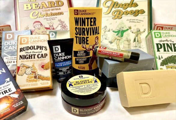 This gift product photo shows Duke Cannon soaps, lotion, and personal hygiene care products for men.