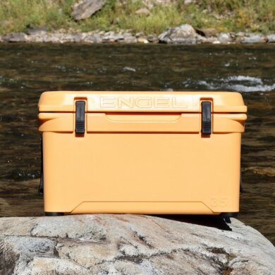 This review photo shows the Engel 35 High Performance Cooler near a river during the testing and review process.