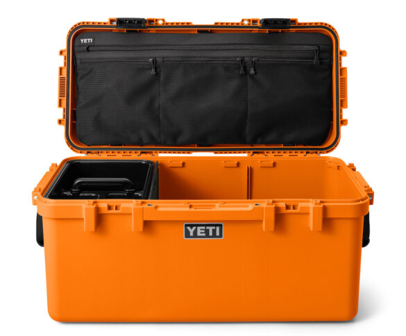 This photo shows the YETI LoadOut GoBox 60 in the King Crab Orange color option.