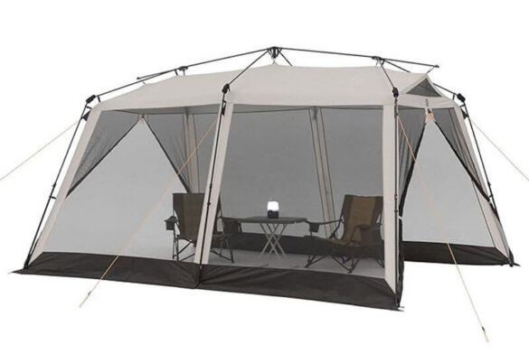 This product photo shows the Bushnell 14' x 10' Screenhouse setup with two camp chairs and a table inside.
