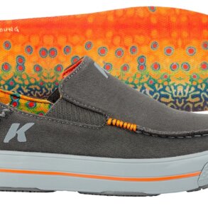 This photo shows a closeup of the new Korkers men's Fish Moc in the Brook Trout option with Derek DeYoung-style artwork.