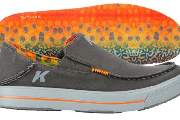 This photo shows a closeup of the new Korkers men's Fish Moc in the Brook Trout option with Derek DeYoung-style artwork.
