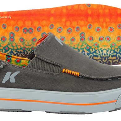 This photo shows a closeup of the new Korkers men's Fish Moc in the Brook Trout option with Derek DeYoung-style artwork.