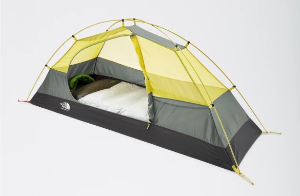 The North Face Stormbreak 1 Tent set up without the rainfly to show the shape and design.