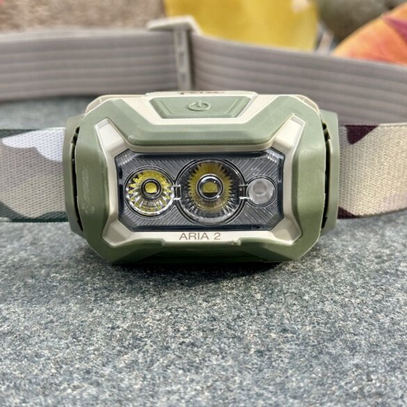 This review photo shows the Petzl Aria 2 RGB Headlamp.