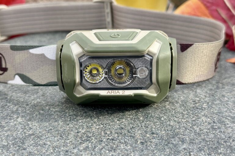 This review photo shows the Petzl Aria 2 RGB Headlamp.