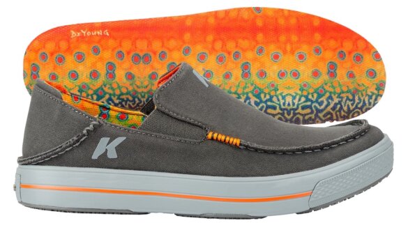 Men's Korkers Fish Moc shoe with Derek De Young fish artwork on the insole. 