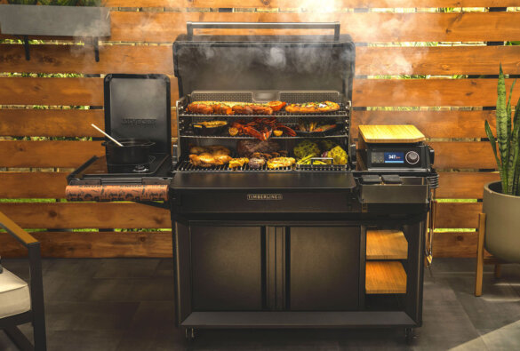 Traeger Timberline Pellet Grill with food.