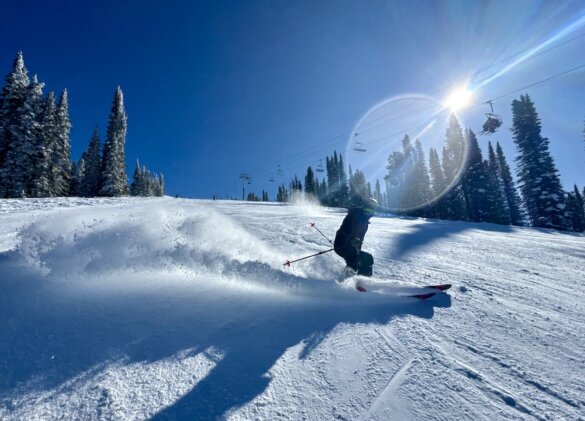 Leki ski poles being tested while skiing in Idaho.