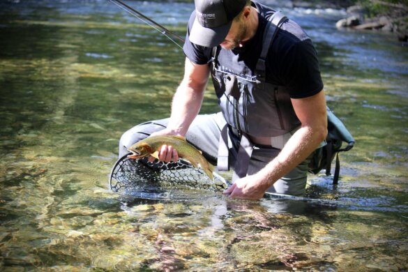 Author Chris Maxcer holding a cutthroat trout near a net while fishing in a river.