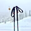 Leki Helicon Lite Ski Poles standing in snow on the edge of a ski resort with snowy trees in the background.