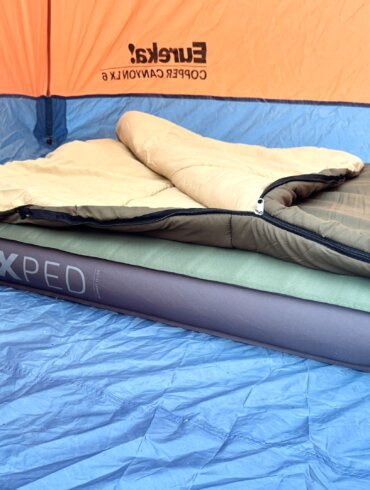 sleeping bag on Exped MegaMat air mattress inside a camping tent