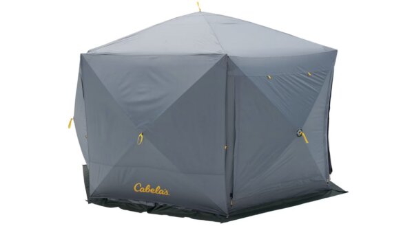 Cabela's Big Outdoorsman Hub Screen Shelter with door and wall panels closed.