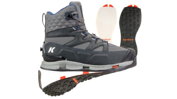 Korkers Bantam Lite wading boots with OmniTrax sole system shown.