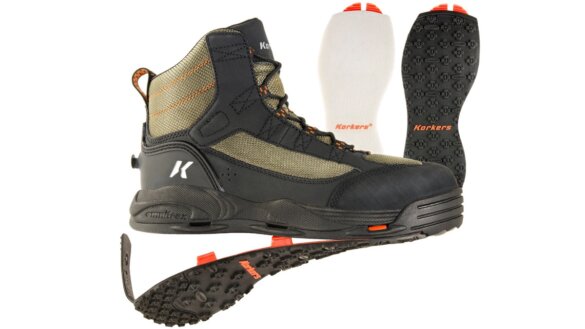 Korkers Greenback men's wading boots with OmniTrax Interchangeable Sole System with felt and Kling-On Soles shown.
