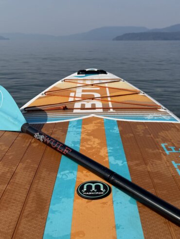 An inflated BOTE WULF Aero 11'4" iSUP floating on an Idaho lake during testing.