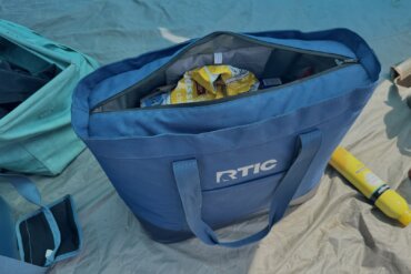 RTIC Everyday Insulted Tote Bag with the top open showing food inside.