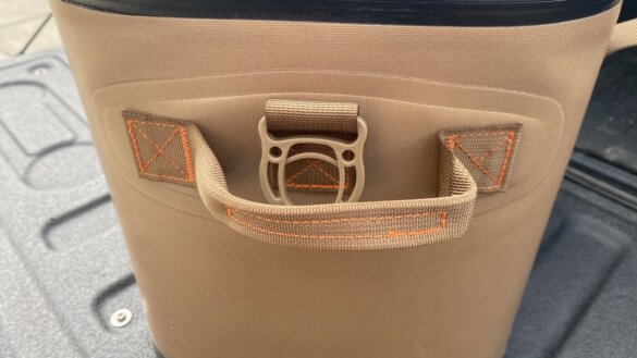 Rugged nylon handle closeup on 30 can RTIC Ultra Tough Cooler.