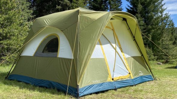 L.L.Bean Acadia 6-person Family Camping Tent pitched in a meadow camping spot.
